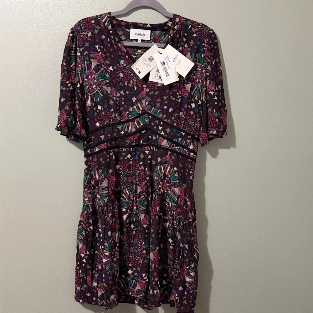 BA&SH Robe Fidji Printed Minidress NWT V neck Short Sleeves Side zip multicolor